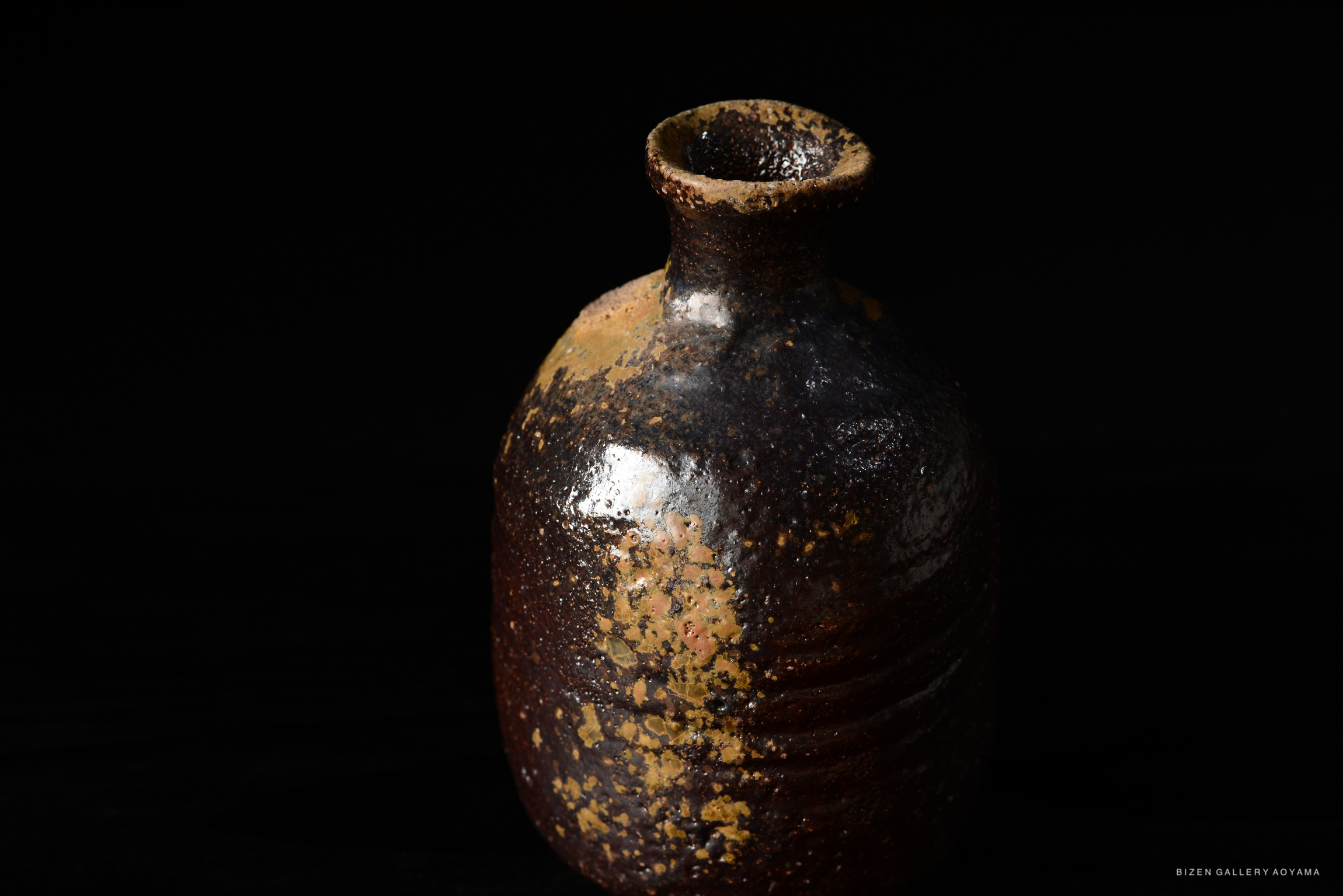 黒い背景に置かれた、独特な形状の陶器の壺。表面はザラザラしており、茶色と金色の斑点が見える。