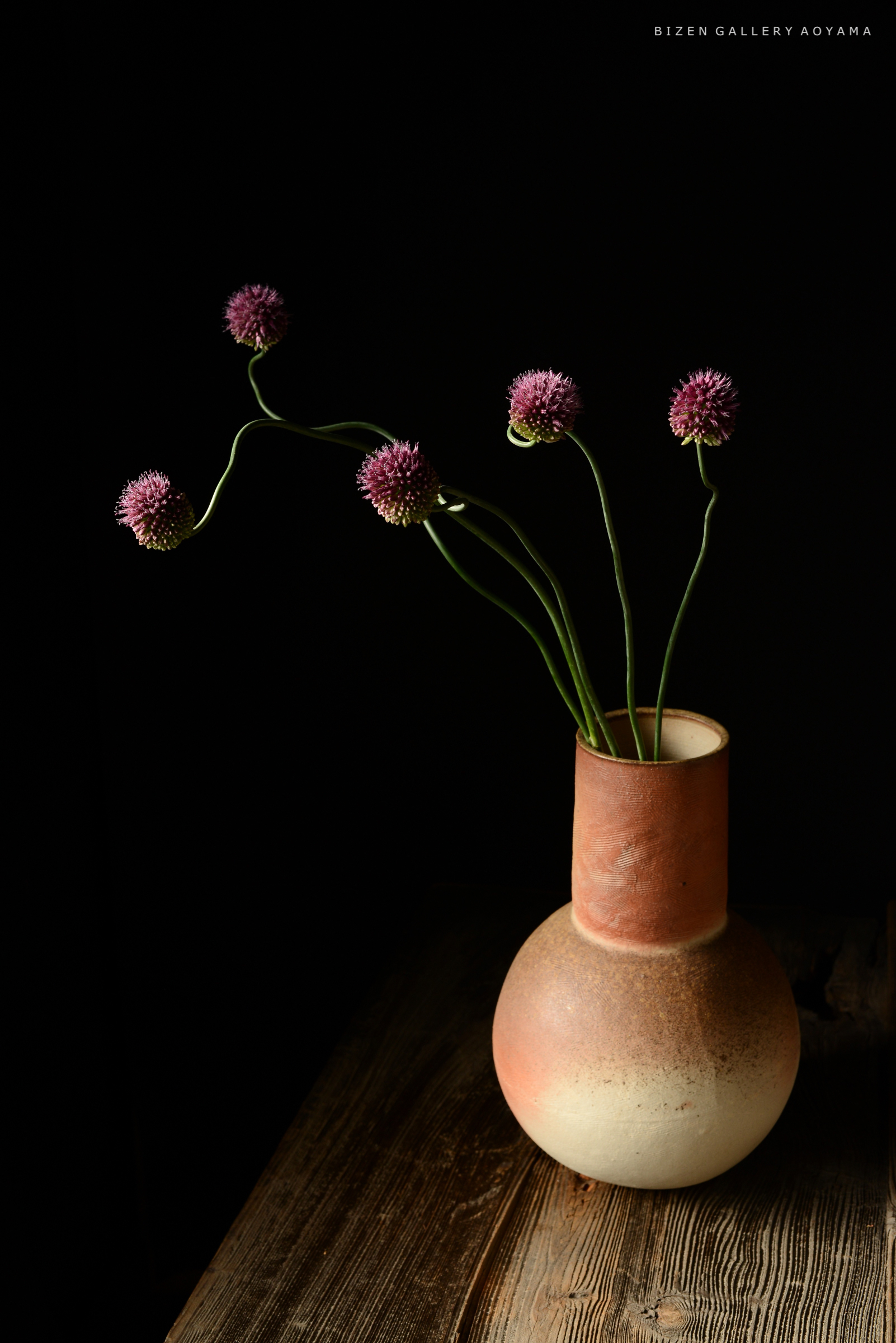 黒い背景に置かれた陶器の花瓶と、その中に生けられた紫色の花。