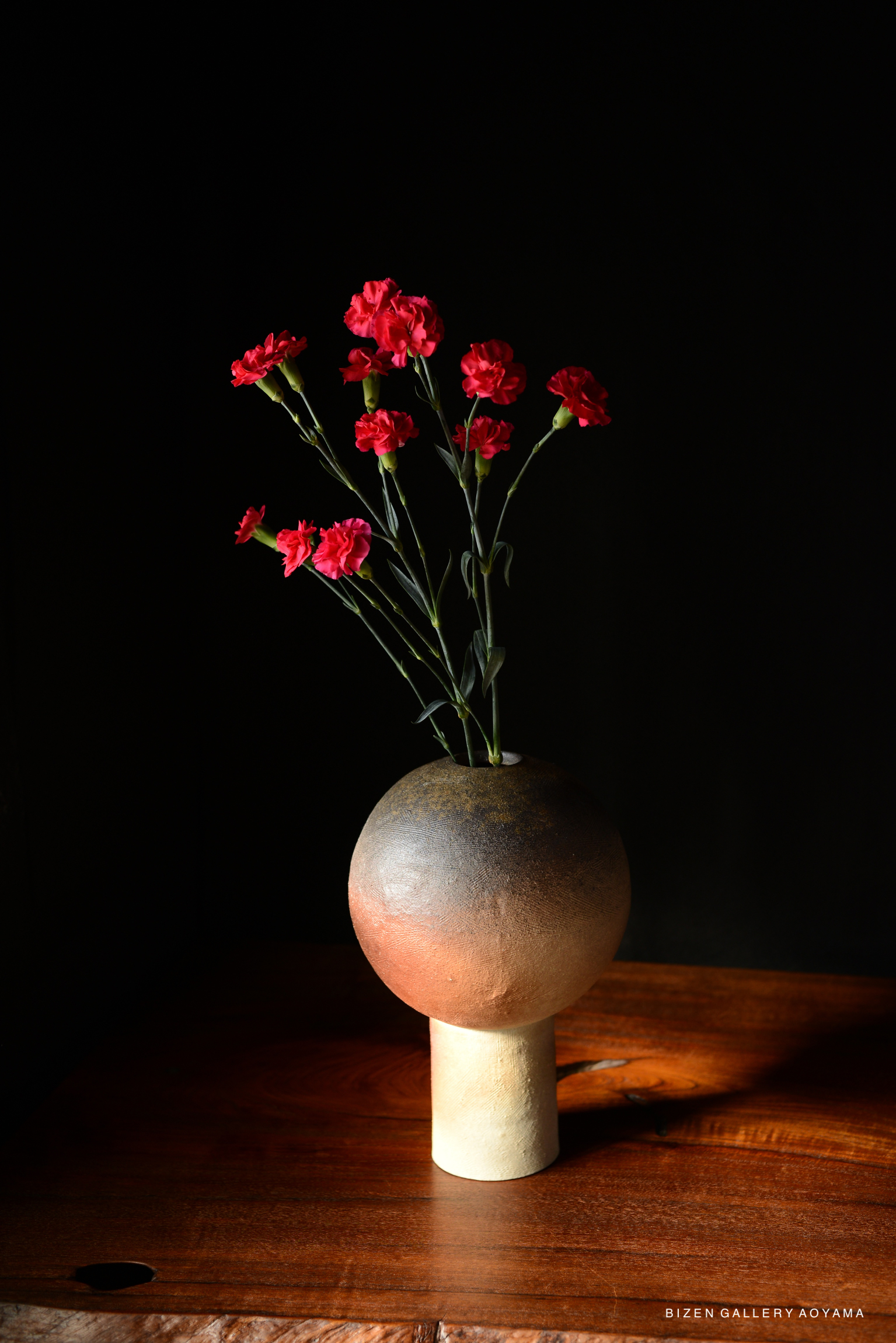 A vase made of pottery with a round top and cylindrical base, holding several red carnations, set against a dark background.