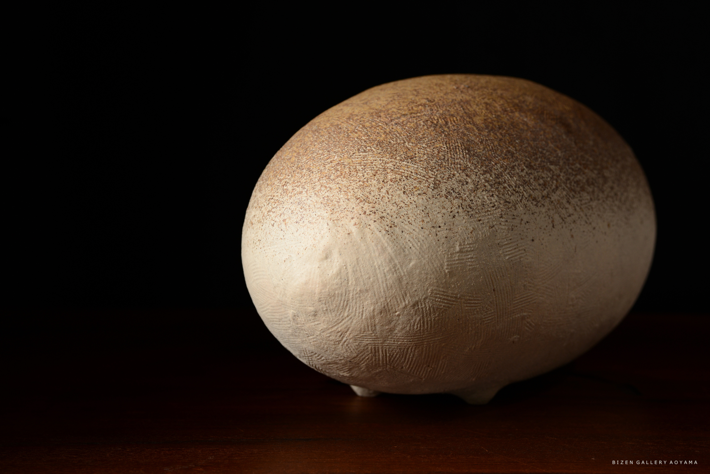 黒い背景の前に置かれた、質感のある白い陶器のオブジェ。