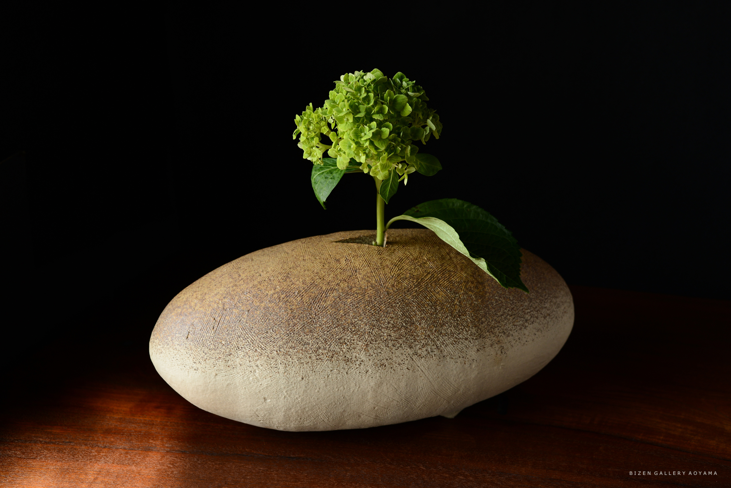 土で作られた楕円形の花器に緑色の花が生けられている。背景は黒で、木のテーブルの上に置かれている。
