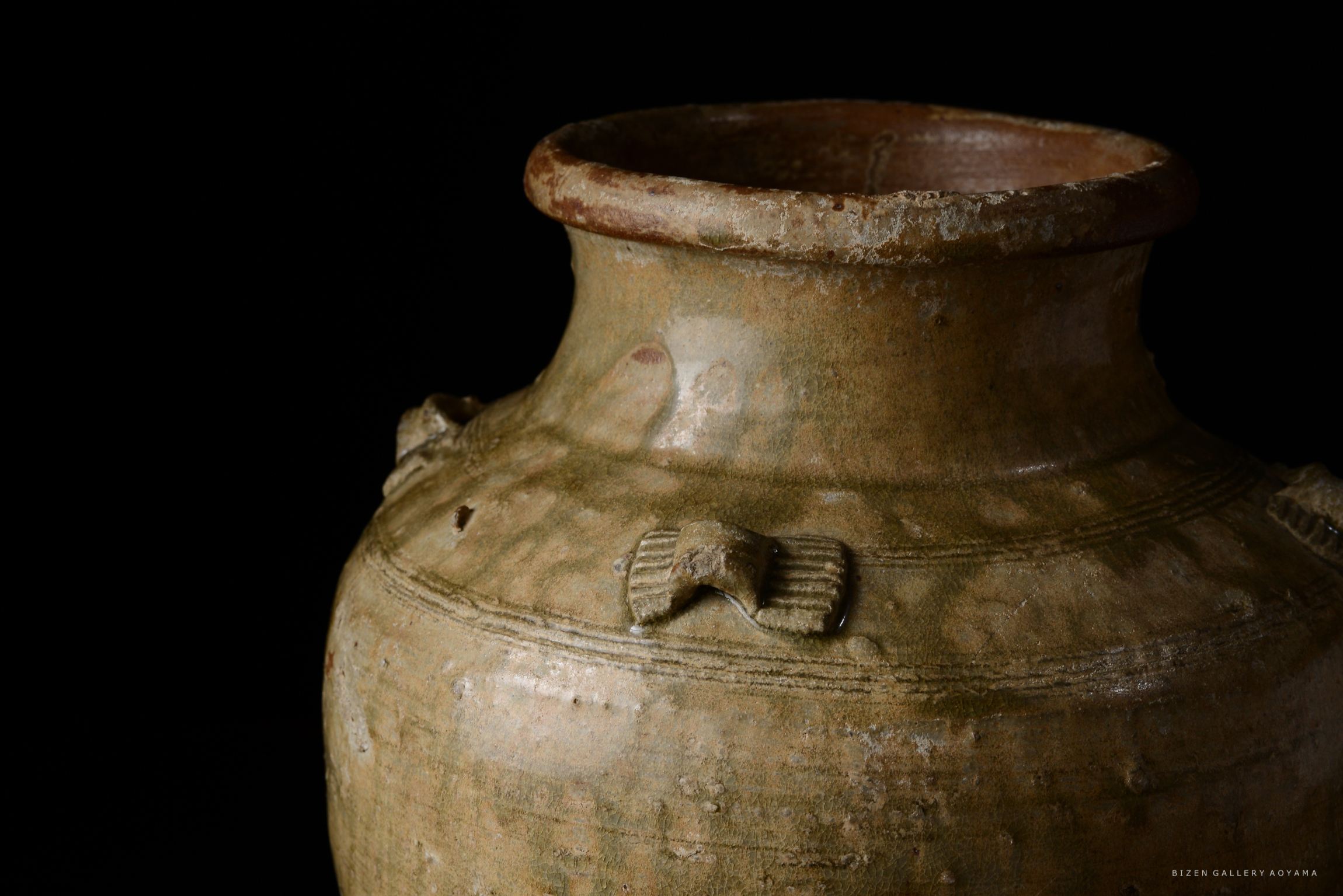 古代の陶器の一部で、特徴的な装飾が施された壺の側面。暗い背景に対照的に映える。