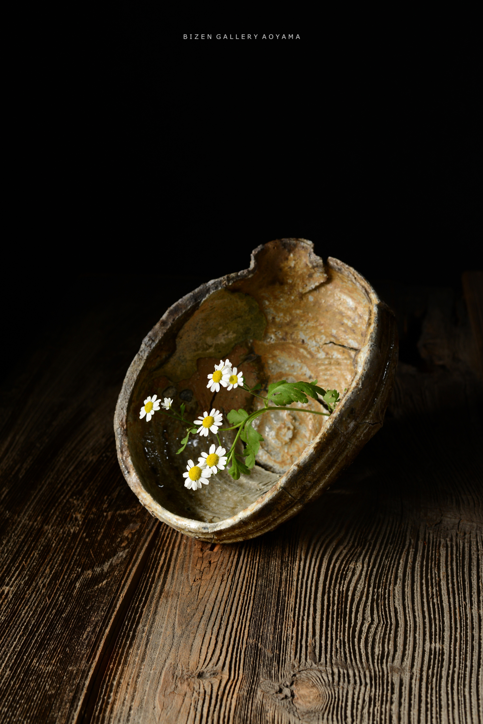 光沢のある陶器の器の中に小さな白い花が生けられている。背景は黒く、木のテーブルが見える