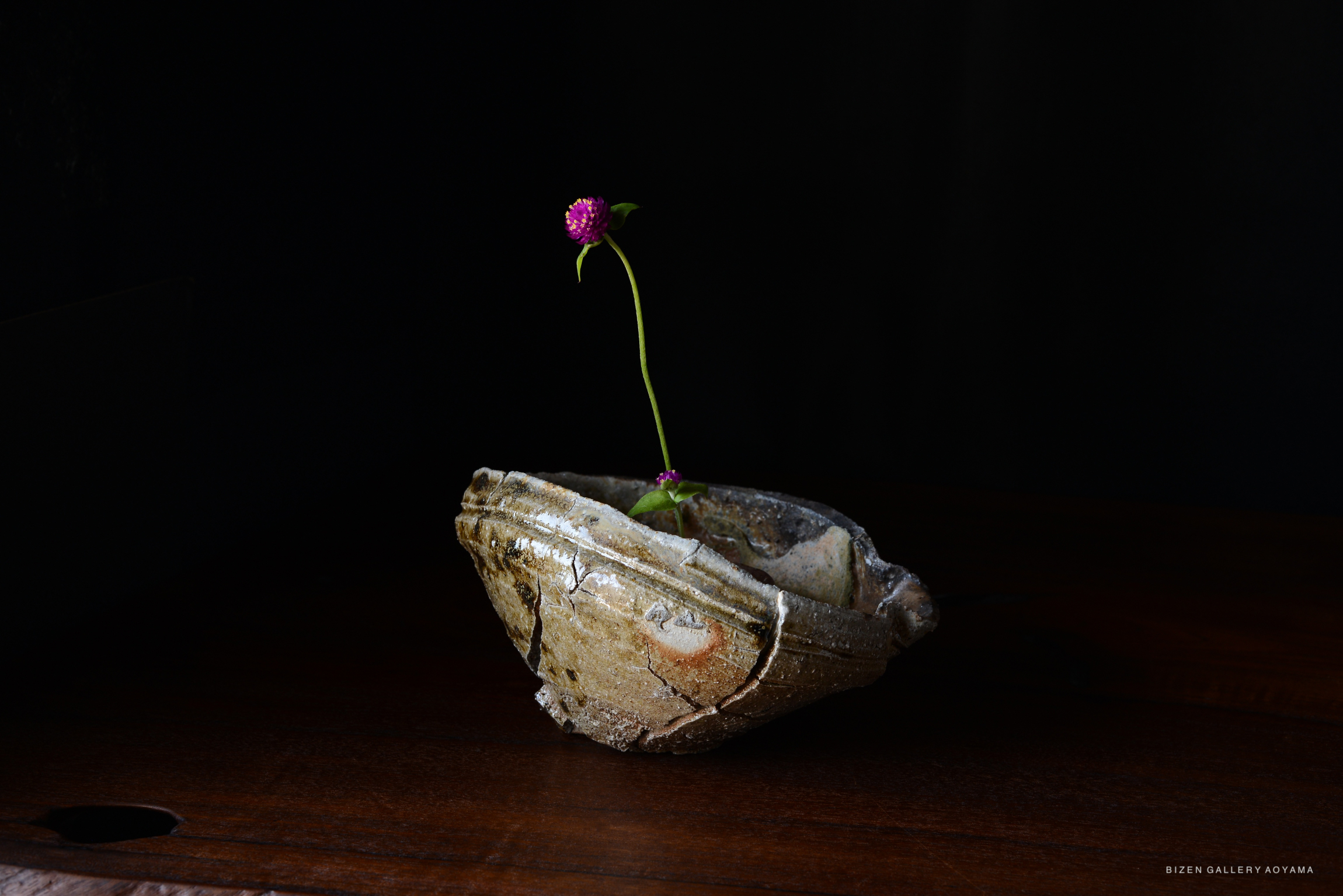 濃い背景の中に一輪の花が生けられた陶器の花瓶