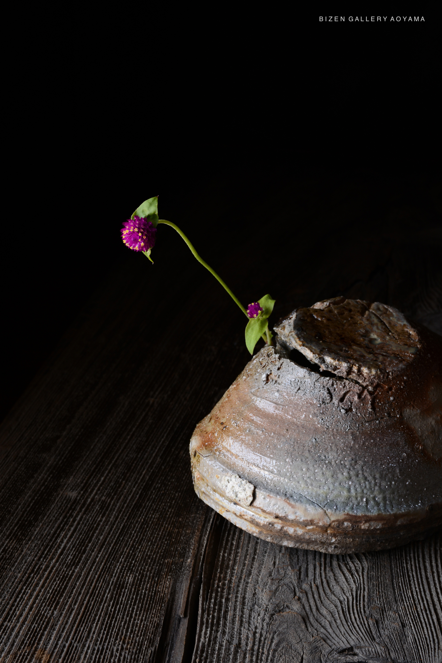 壊れた陶器に小さな紫の花が挿されている静かな室内の風景