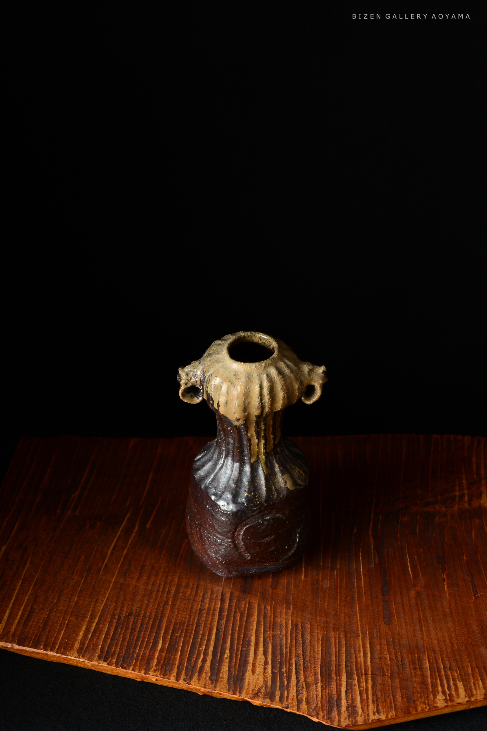 黒い背景の木製の台に置かれた、特徴的なデザインの陶器の壺