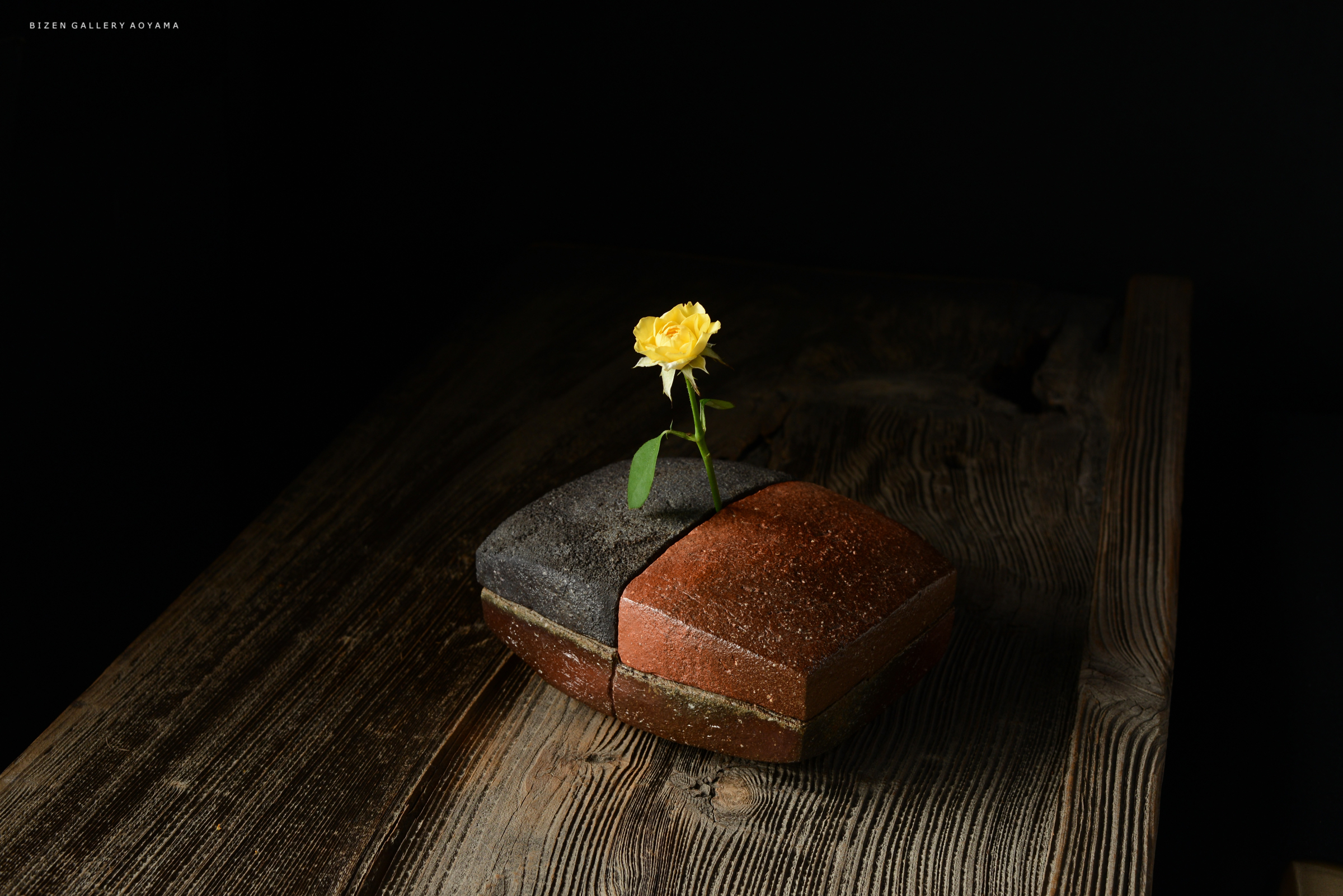 黒と赤の2つの陶器の塊の上に、黄色いバラの花が1本立っている様子を捉えた写真。背景は黒色で、木製のテーブルが見える。